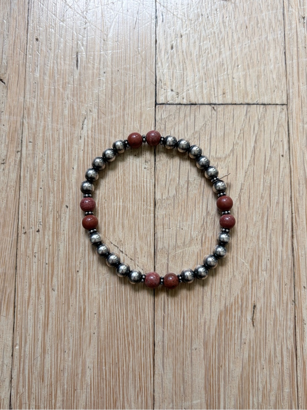 925 Silver and Jasper Brown Beaded Stretch Bracelet - Unbranded